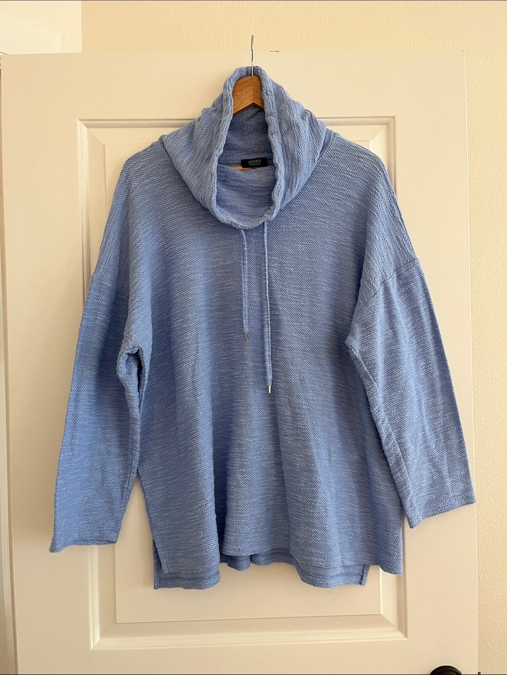 Jones & Co Light Blue Turtleneck Drawstring Textures Sweater Cozy Winter Fall
